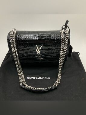 Saint Laurent YSL Sunset Black Crocodile Embossed Shoulder Bag Purse